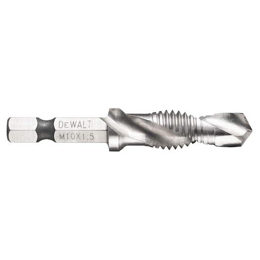Close-up image of a DEWALT M10 x 1.5 metal tap drill bit with hex shank, designed for drilling and threading metal surfaces.