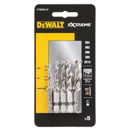 DEWALT combo drill tap bit set, 5 pieces, photography, DT50060, DT50060-QZ, shown in retail packaging.