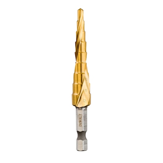 DEWALT DT5026 step drill bit with titanium coating for precision drilling, shown upright on white background.