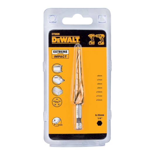 DEWALT DT5026 step drill bit in plastic packaging, suitable for metal, wood, and PVC, sizes 6-12mm.