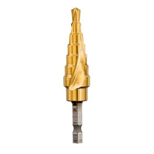 Gold DEWALT step drill bit for metalworking, with size markings, isolated on a white background.