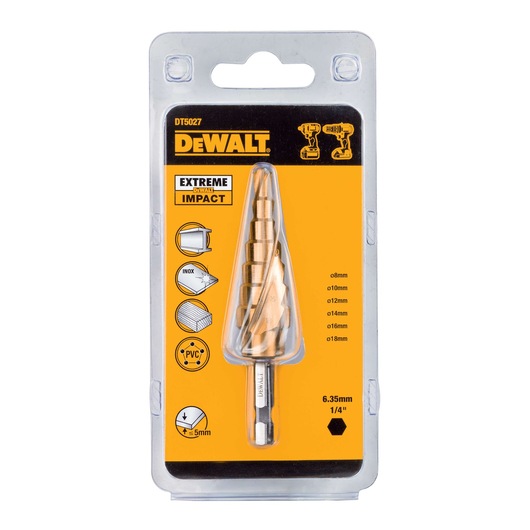 DEWALT DT5027 step drill bit for metal and PVC in blister pack, sizes 8-18mm, 1/4 inch hex shank.