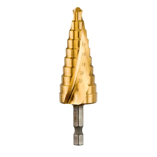 A gold-colored DEWALT step drill bit with multiple diameter steps and engraved size markings, designed for drilling various hole sizes in metal or plastic surfaces.
