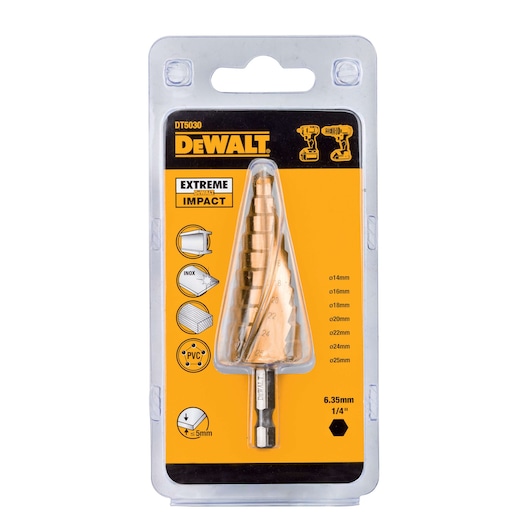 DEWALT DT5030 Extreme Impact step drill bit in blister pack. Sizes and materials shown on yellow packaging.