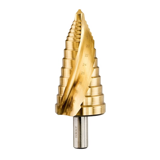 A gold-colored DEWALT step drill bit with engraved size markings, used for drilling holes of multiple diameters in metal or plastic. The bit has a conical, stepped shape and a silver shank.