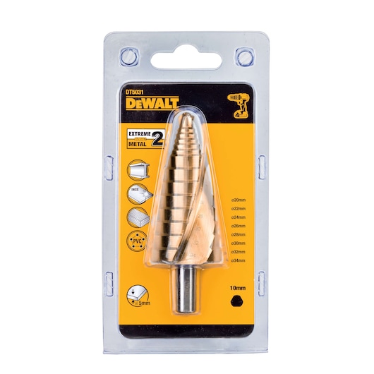 DEWALT DT5031 step drill bit for metal in plastic packaging, showing sizes and compatibility icons.