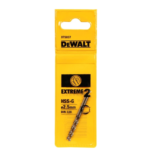 DEWALT DT5037 Extreme 2 HSS-G drill bit in yellow packaging, size 2.5mm, for metal drilling.