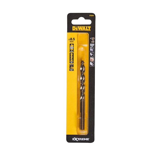DEWALT DT5053 Extreme HSS drill bit, 8.5mm, in yellow and black retail package, suitable for metal and wood.