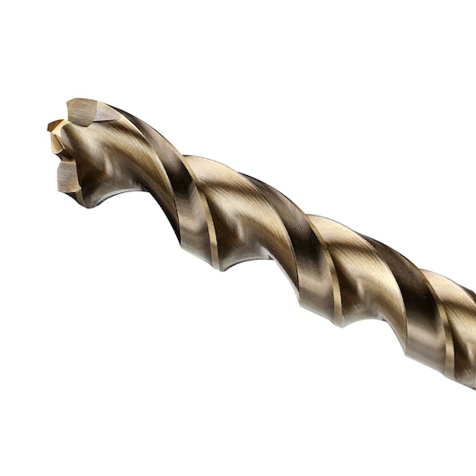 DEWALT drill bit close-up, SKUs DT5059, DT5059-QZ, metallic with spiral flutes on white background.