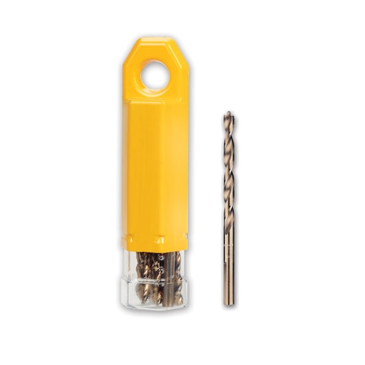 DEWALT drill bit set in a yellow case next to a single metal drill bit on a white background.