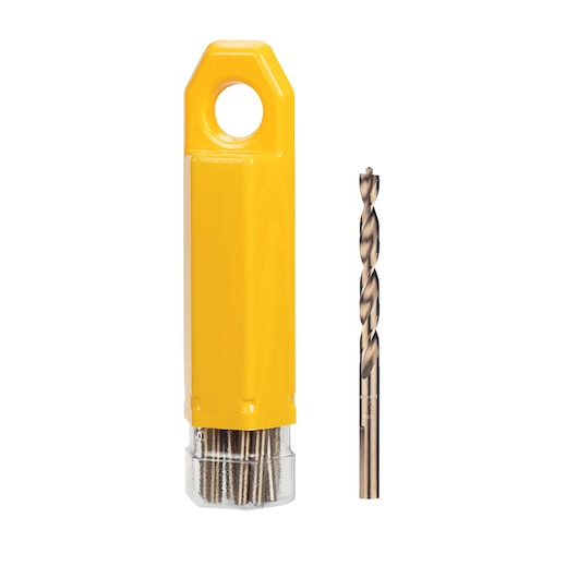 DEWALT drill bit set with yellow case and one drill bit displayed upright next to it.