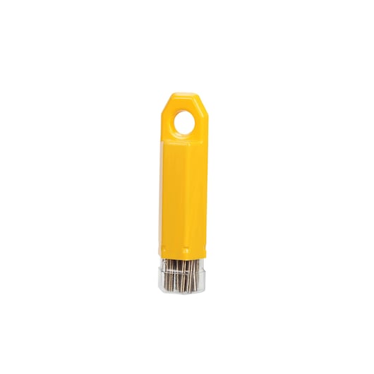 Yellow DEWALT drill bit storage case with transparent bottom, standing upright against white background.