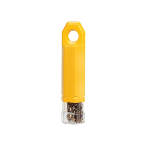Yellow plastic DEWALT drill bit holder with a transparent bottom showing metal drill bits inside.