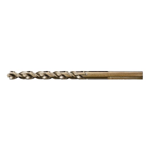 A DEWALT metal drill bit with a spiral design, shown horizontally on a white background.