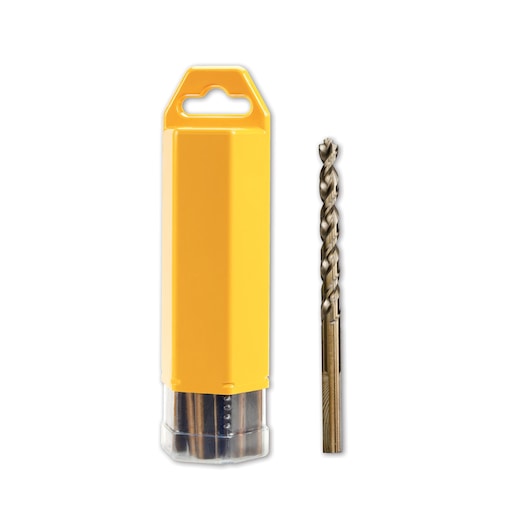 A DEWALT drill bit beside its yellow protective case, both displayed on a white background.