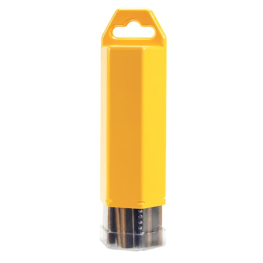 Yellow DEWALT drill bit set in a plastic case with a hanging slot, DT5550 SKU.