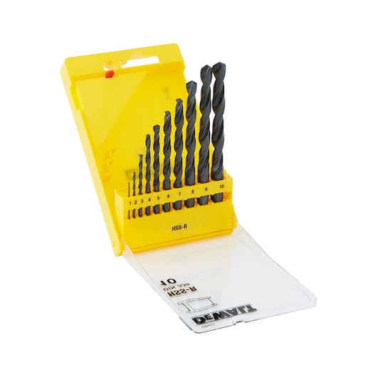 A yellow DEWALT plastic case containing a set of ten high-speed steel drill bits of different sizes, arranged in ascending order from smallest to largest with a transparent cover.