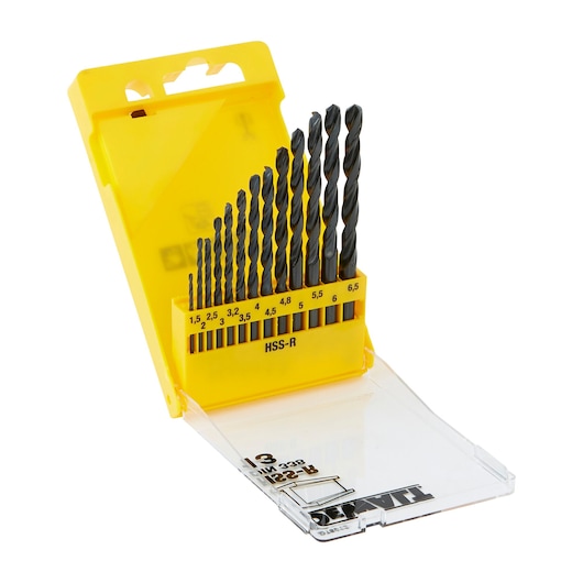 A yellow plastic case containing a set of DEWALT HSS-R metal drill bits in various sizes, arranged in ascending order. The case is open and the drill bits are held upright in labeled slots.