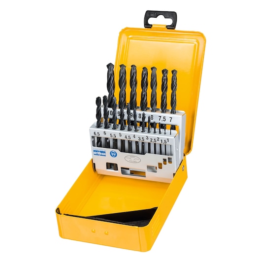 A yellow metal case containing a set of DEWALT drill bits, with various sizes organized in a labeled holder inside the box. The case is open and shows the drill bits neatly arranged.