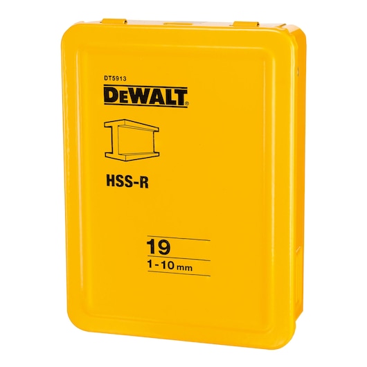 Yellow DEWALT HSS-R drill bit set box, labeled DT5913, size range 1-10 mm, contains 19 pieces.