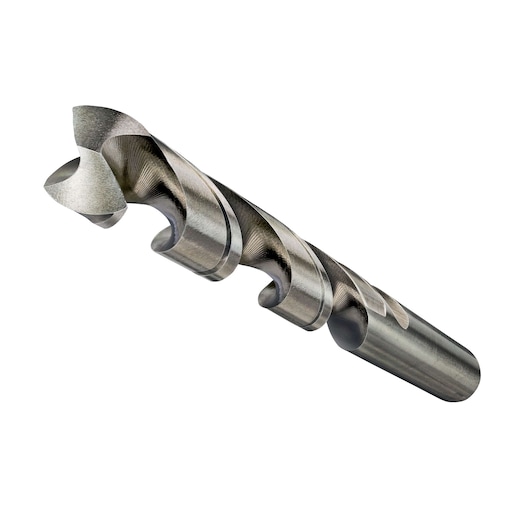 Close-up of a metallic drill bit with spiral grooves for cutting or drilling.