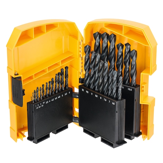 Open yellow DEWALT case with assorted drill bits in holder, ranging in size and neatly organized.