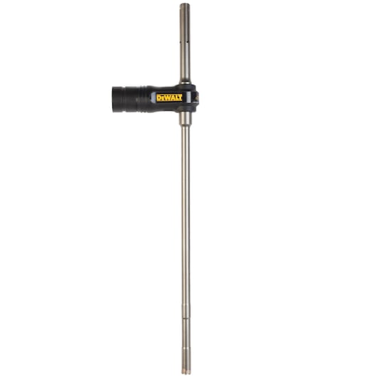 DEWALT DT60231 long cylindrical drill bit with side attachment, metal and plastic construction on white background.