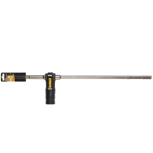 DEWALT DT60231 long metal drill bit with black plastic connector and yellow label, shown on white background.