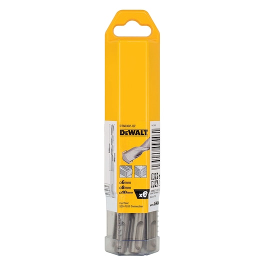 DEWALT DT60302 pack of drill bits for SDS-PLUS connection in yellow plastic case, sizes 6mm, 8mm, 10mm.