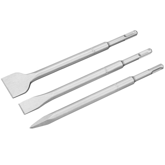Set of three DEWALT SDS-plus chisel bits for demolition and masonry work, shown side by side on a white background.
