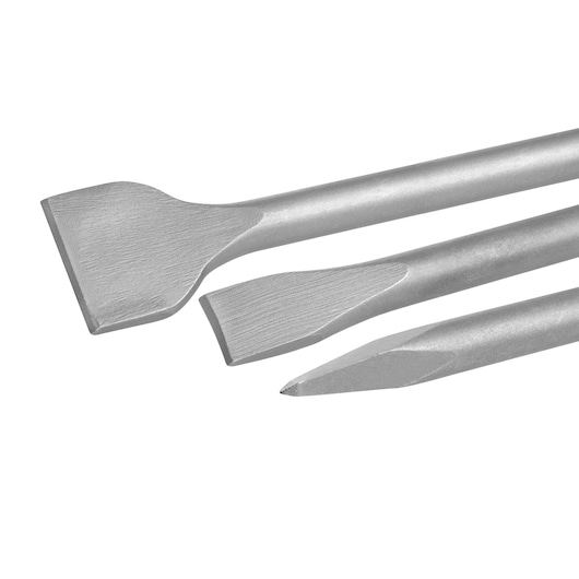 Three DEWALT chisel bits in different shapes, used for construction or demolition work with hammer drills.