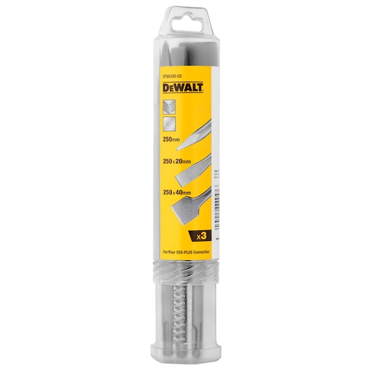 DEWALT DT60330 chisel set in plastic packaging, includes three SDS-PLUS chisels for masonry work.