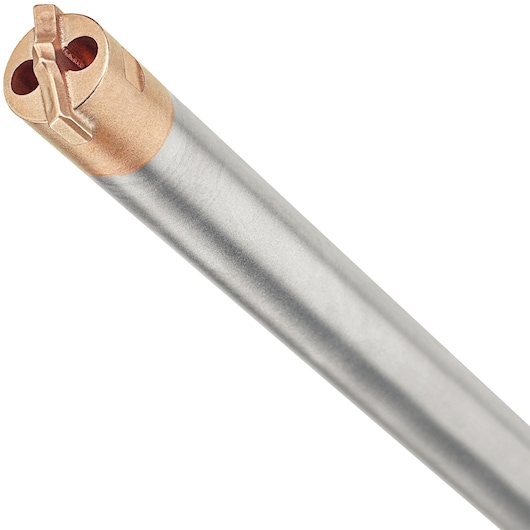 Close-up of a DEWALT DT60340 masonry drill bit with a metallic body and a copper-colored tip.