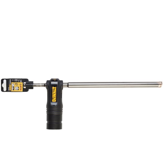 DEWALT drill bit with black handle and yellow label, designed for use in construction and drilling tasks.