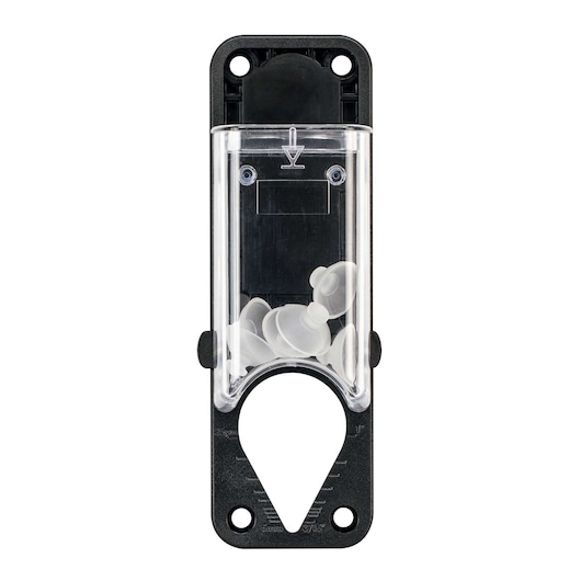 DEWALT DT6047 dispenser with transparent cover, holding several pairs of earplugs.