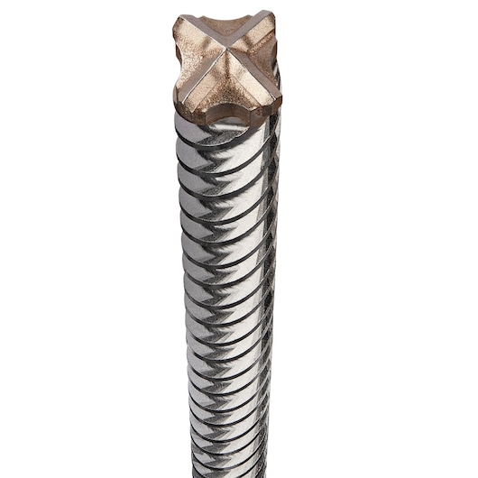 Close-up of a DEWALT DT60805 drill bit with a cross-shaped carbide tip for masonry and concrete, featuring spiral grooves along the shaft.