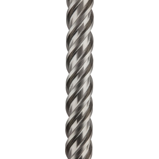 Close-up of a metal drill bit with a spiral design against a white background.