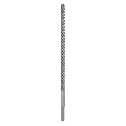 Long, silver masonry drill bit with spiral fluting, used for drilling concrete or stone surfaces.
