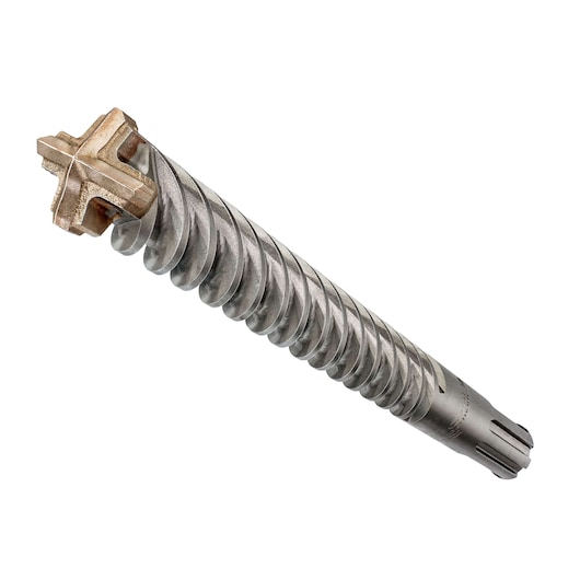 Close-up of a spiral masonry drill bit with a cross-tip, used for concrete or stone drilling.