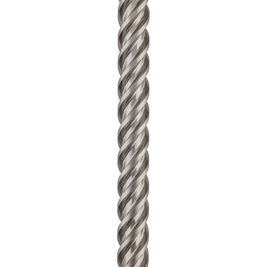 Close-up of a spiral metal drill bit with a twisted design, shown vertically on a white background.