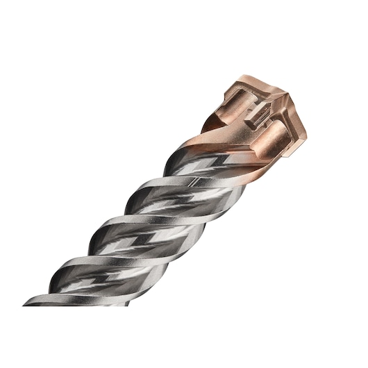 Close-up of a DEWALT metal masonry drill bit with a twisted shaft and carbide tip on a white background.