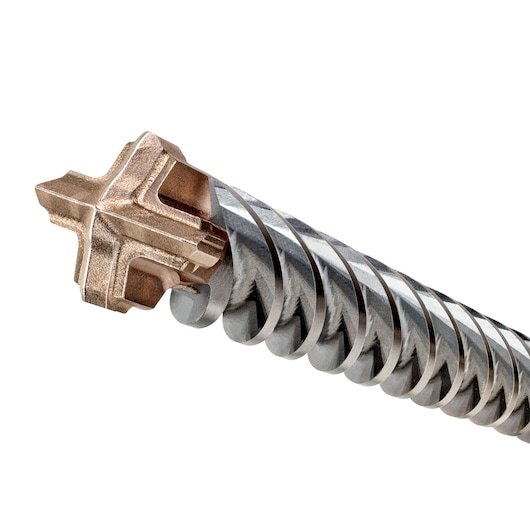 Close-up of a DEWALT DT60826 masonry drill bit with spiral grooves and a cross-head tip.