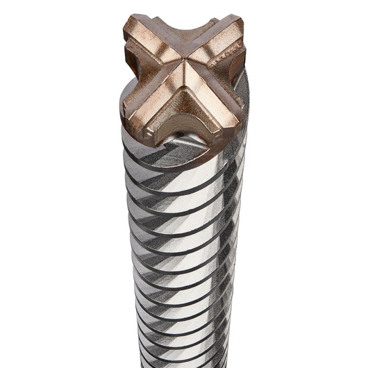 Close-up of DEWALT DT60828 heavy-duty masonry drill bit tip with spiral grooves and cross-cut head.