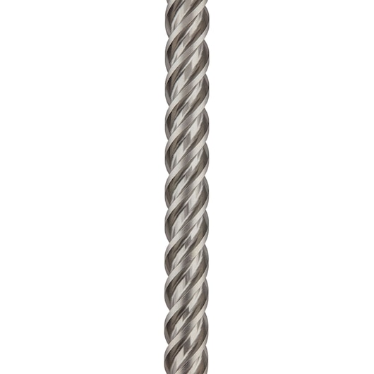 Close-up of a DEWALT twisted metal drill bit, shown vertically against a white background.