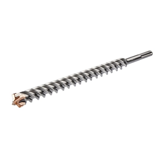 A DEWALT DT60838 SDS masonry drill bit with a spiral flute and a multi-edged tip, photographed on a white background.