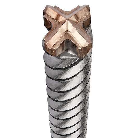 Close-up of a DEWALT DT60840 masonry drill bit with a spiral pattern and cross tip.