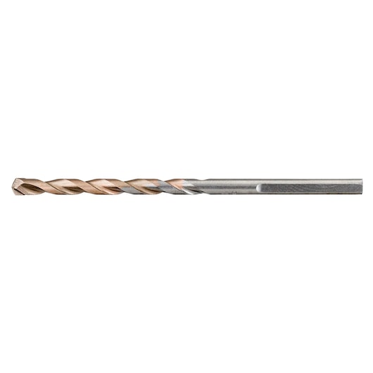Metal drill bit with a twisted flute design, shown horizontally on a white background.