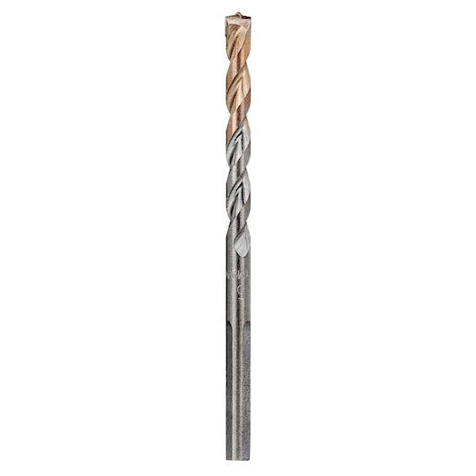 A DEWALT masonry drill bit with spiral flutes and a carbide tip, used for drilling into concrete, brick, or stone.