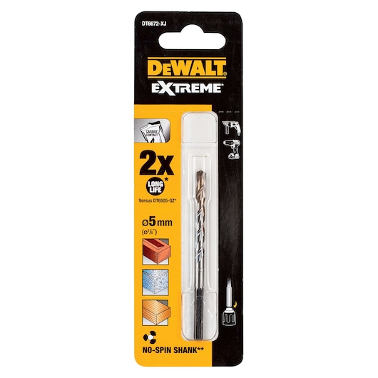 DEWALT DT6672 Extreme drill bit, 5mm, suitable for brick, stone, wood. Packaged in black and yellow blister.