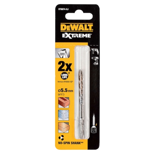DEWALT Extreme drill bit DT6674, 5.5mm, long life, for brick, masonry, wood, in retail packaging.